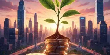 Small plant growing from coins with city skyline, symbolizing startup bootstrapping and growth in the U.S.