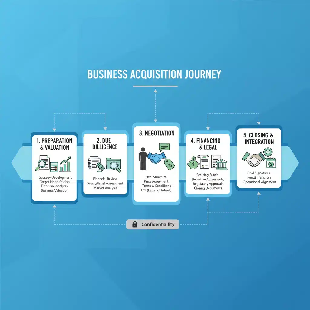 Infographic detailing business acquisition process stages