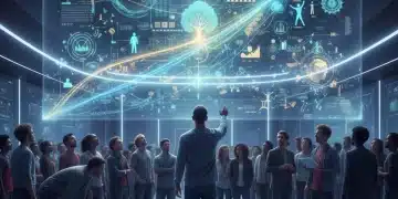 Futuristic scene of diverse US consumers engaging with data-driven storytelling