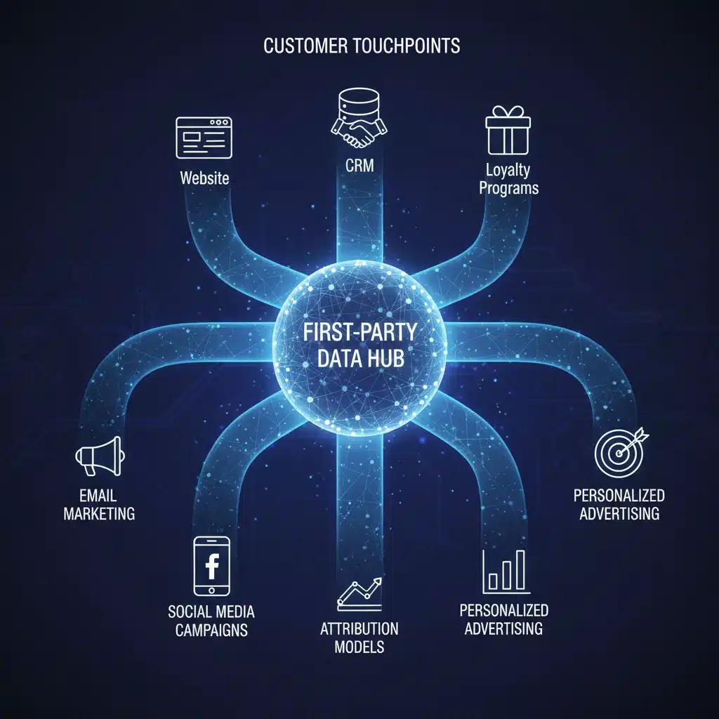 Data flow from customer touchpoints to first-party data hub influencing marketing