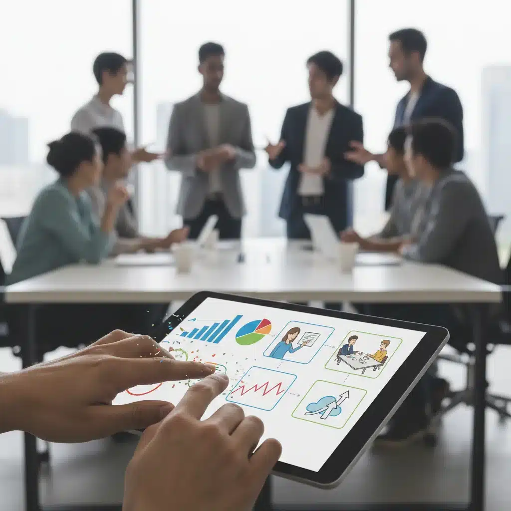 Hand interacting with tablet showing data visualizations transforming into a storyboard