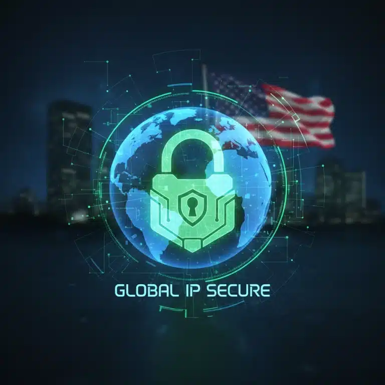 Digital intellectual property protection concept with glowing lock and global data flow