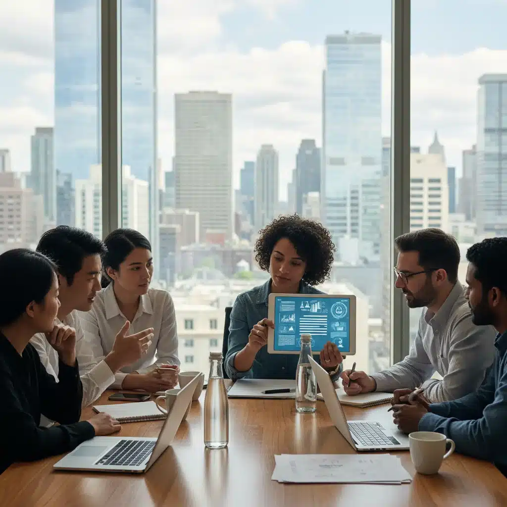 Entrepreneurs discussing intellectual property strategy in a modern office