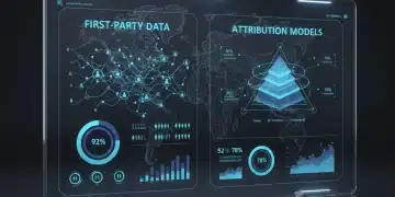 Futuristic dashboard showing first-party data attribution models for US brands