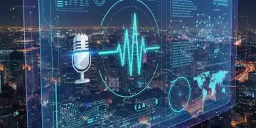 Futuristic voice search interface with waveform and data, symbolizing advanced optimization.