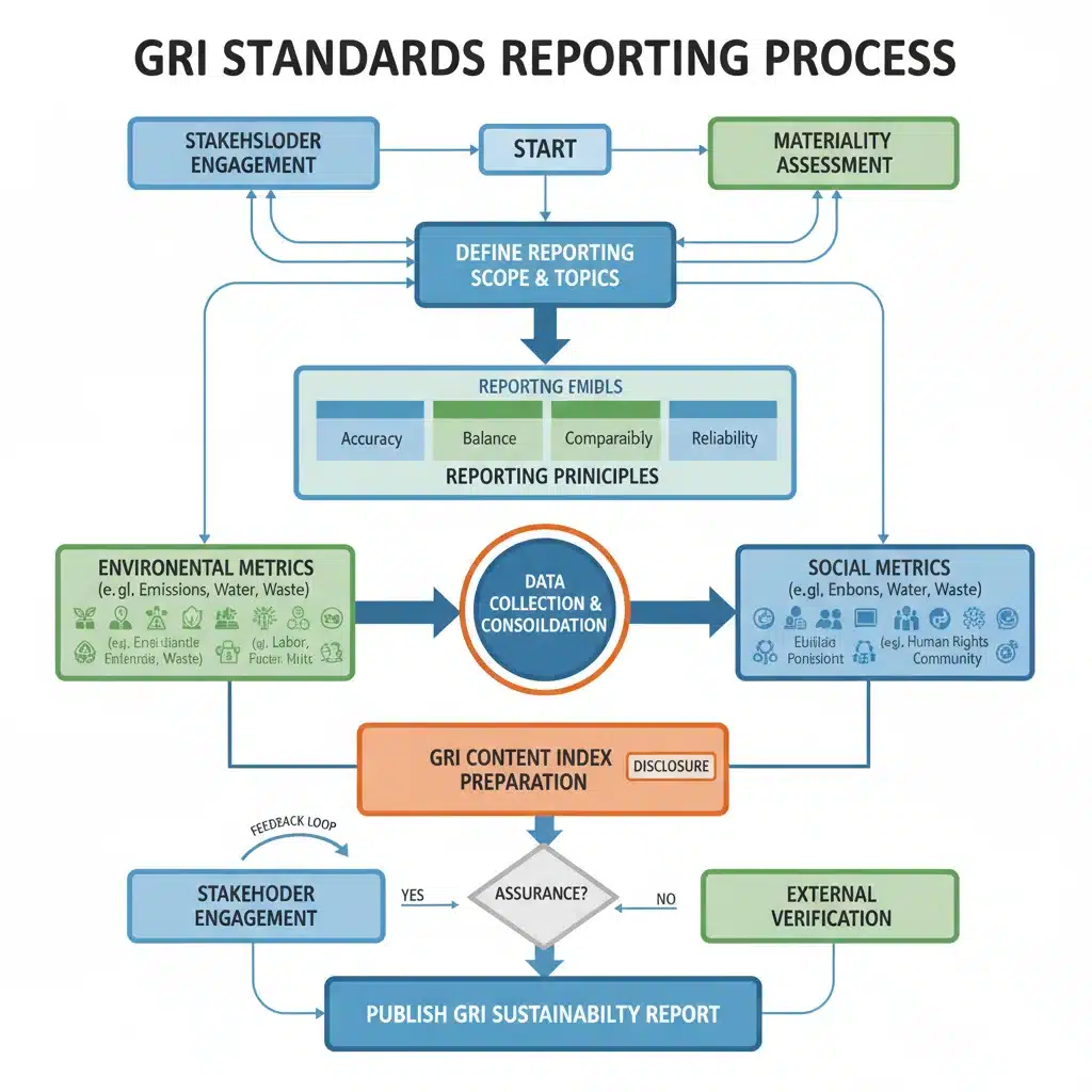 GRI Standards reporting process flowchart for sustainability