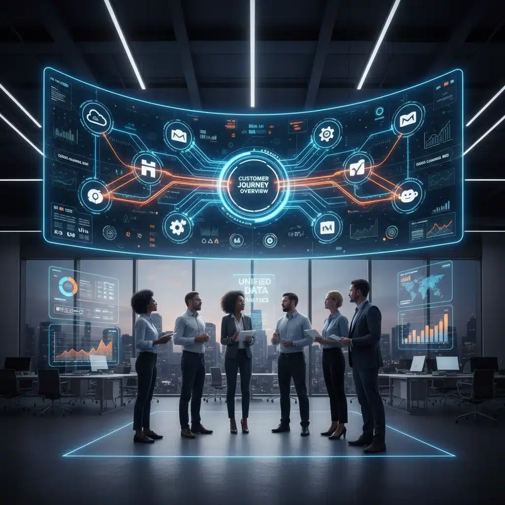 Integrated marketing platforms with various software logos connected, illustrating seamless data flow and unified operations.