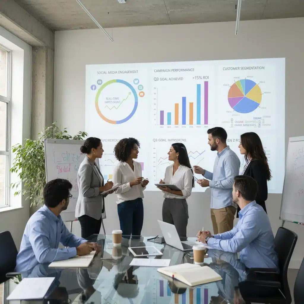 Marketing team collaborating around a large digital analytics dashboard discussing campaign performance
