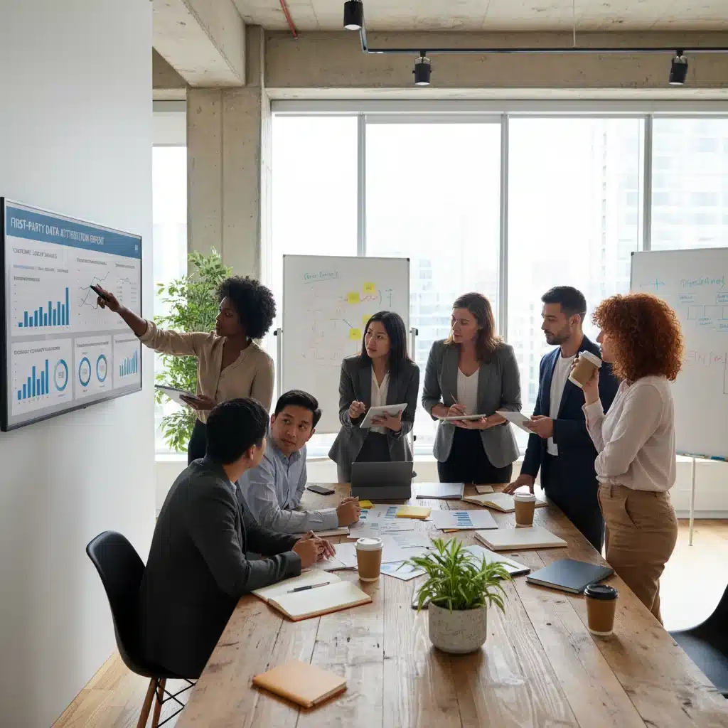 Marketing team collaborating on first-party data attribution strategies