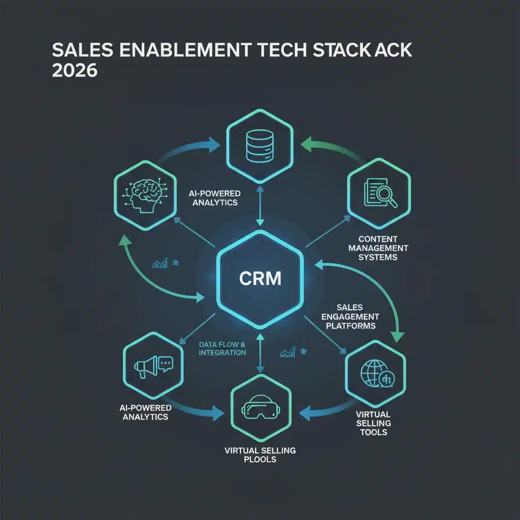 Infographic showing integrated sales enablement technology stack for 2026