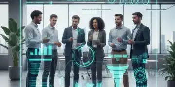 Diverse sales team collaborating on digital sales metrics display
