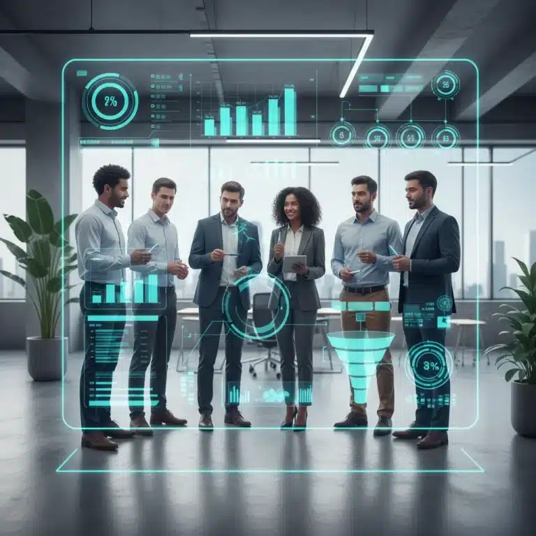 Diverse sales team collaborating on digital sales metrics display