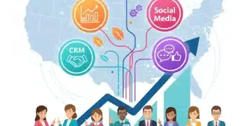 Illustration of interconnected MarTech tools scaling upwards, representing growth for US SMBs.