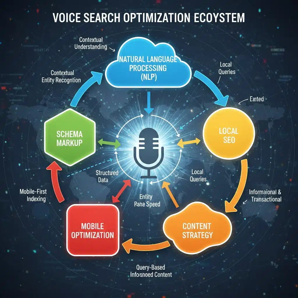 Infographic illustrating interconnected voice search optimization factors and their relationships.