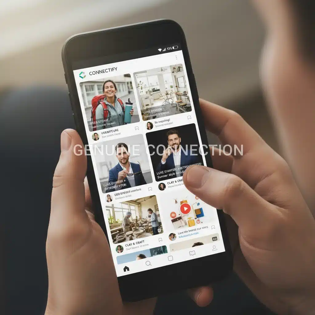 Hands scrolling through authentic brand content on a smartphone, demonstrating digital connection.