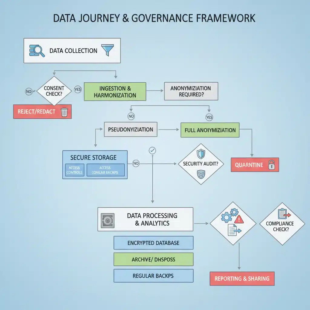 Data governance flowchart showing consent, anonymization, and secure storage steps.