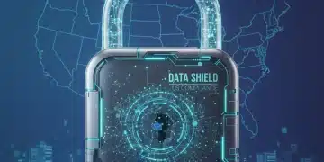 Digital padlock securing data in a complex network, representing 2026 data privacy tools and compliance.