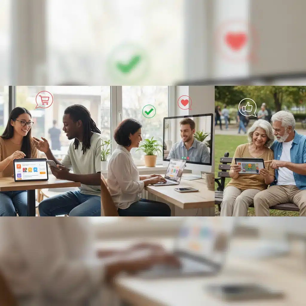 Diverse users interacting with digital devices, illustrating user experience and engagement