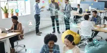 Diverse professionals collaborating in a flexible co-working space, representing the future of work and gig economy adaptation.