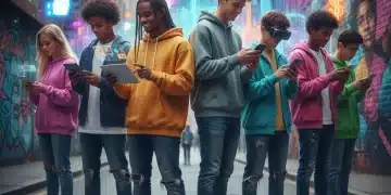 Gen Z interacting with digital devices, showcasing their digital native lifestyle and cultural impact on brand engagement.