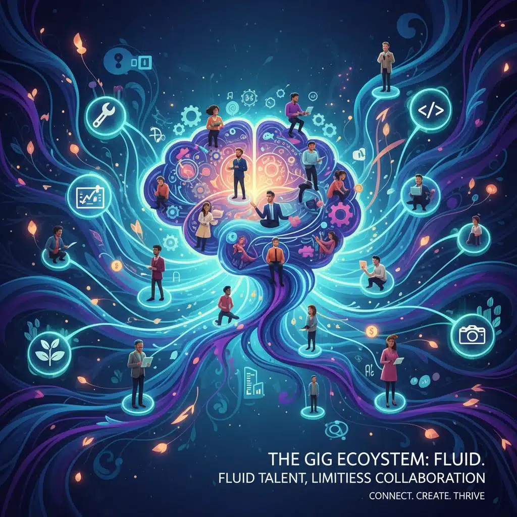 Illustration of an interconnected network of businesses and freelancers, symbolizing a fluid talent ecosystem in the gig economy.