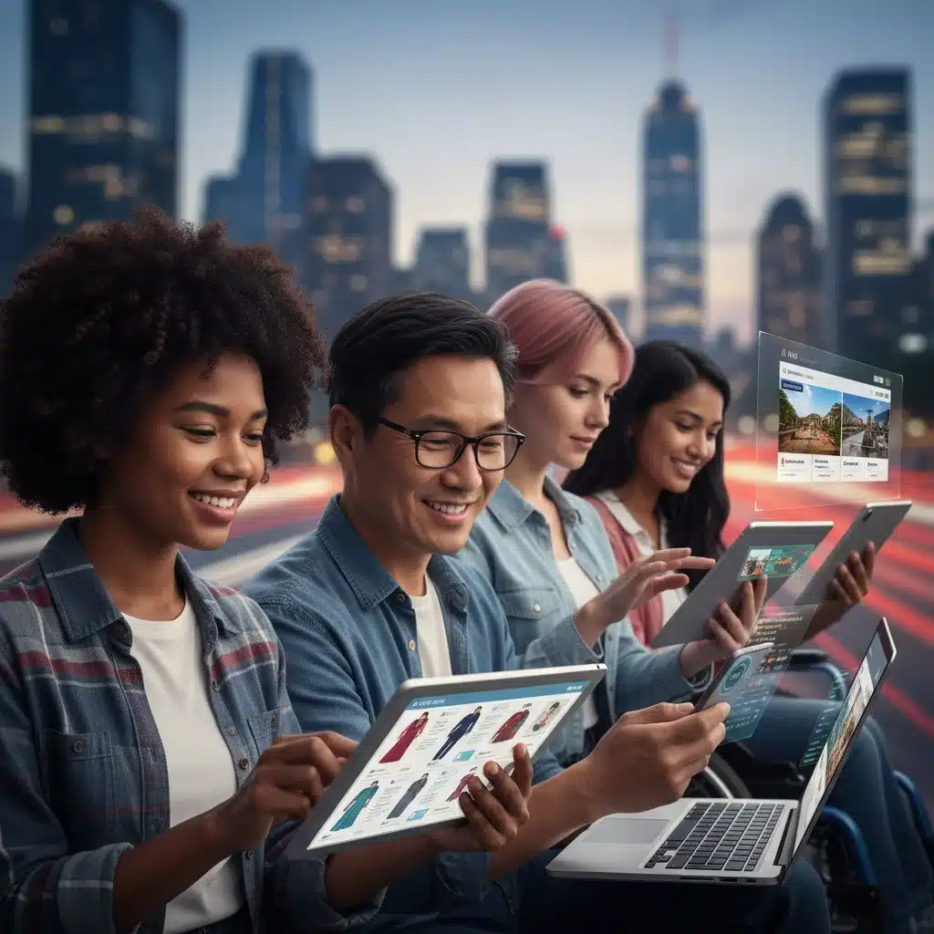 Diverse customers engaging with personalized digital content on various devices