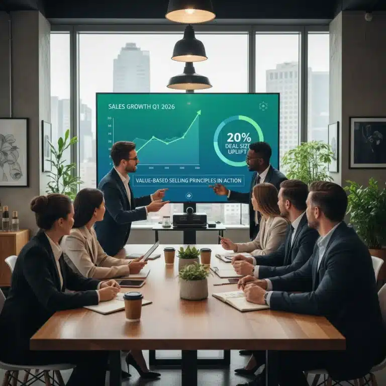 Sales team reviewing Q1 2026 growth with value-based selling strategies