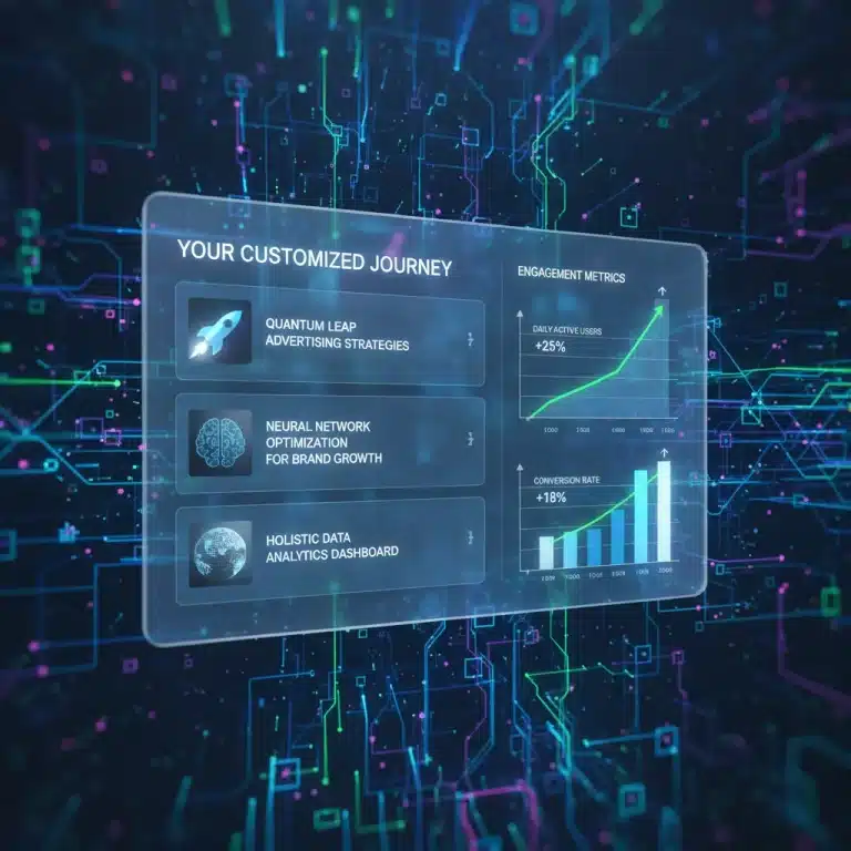 Futuristic interface showing personalized content and rising engagement graphs