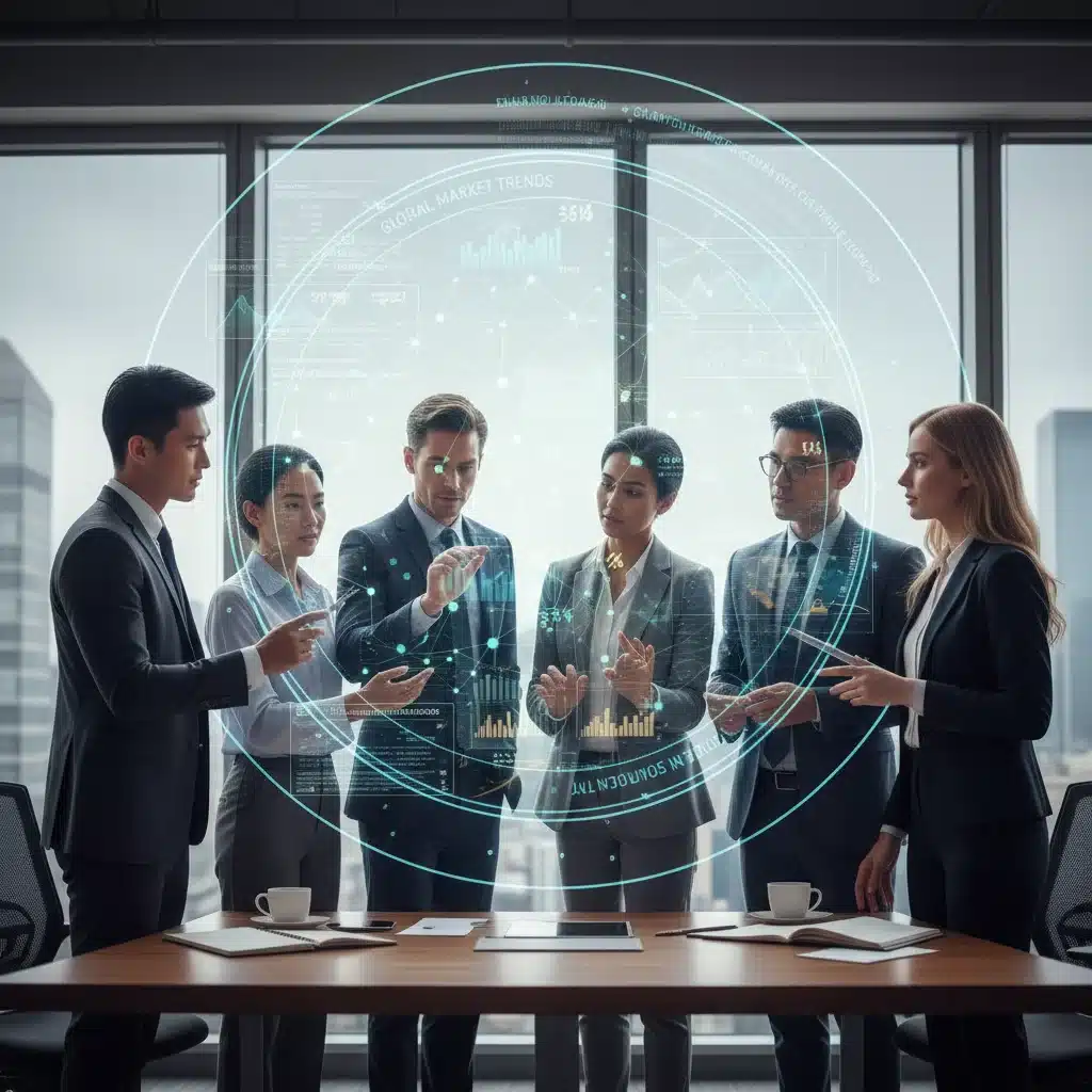 Business team analyzing predictive analytics data for strategic decisions