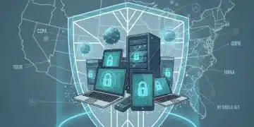 Digital shield protecting data points across a map of the United States, representing US privacy regulations.