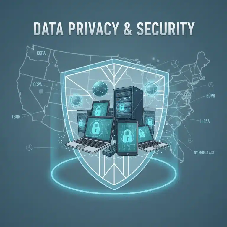 Digital shield protecting data points across a map of the United States, representing US privacy regulations.