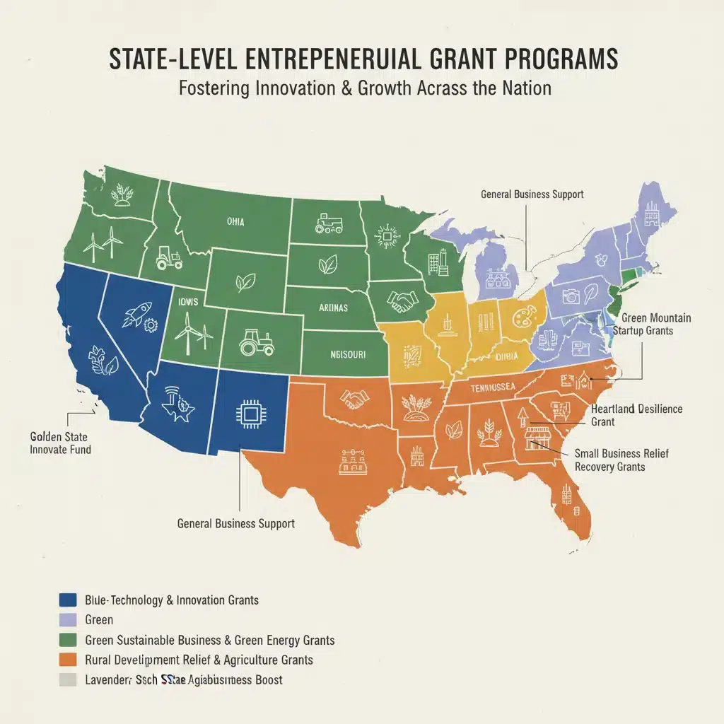 Map of the United States showing diverse state-level entrepreneurial grant programs