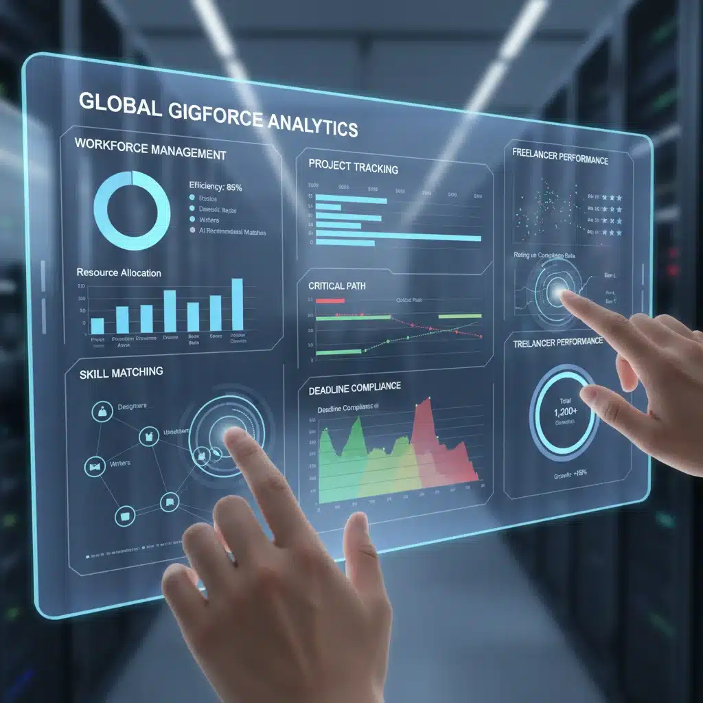 Digital dashboard showing workforce analytics for gig economy management, highlighting technology's role in optimizing distributed teams.