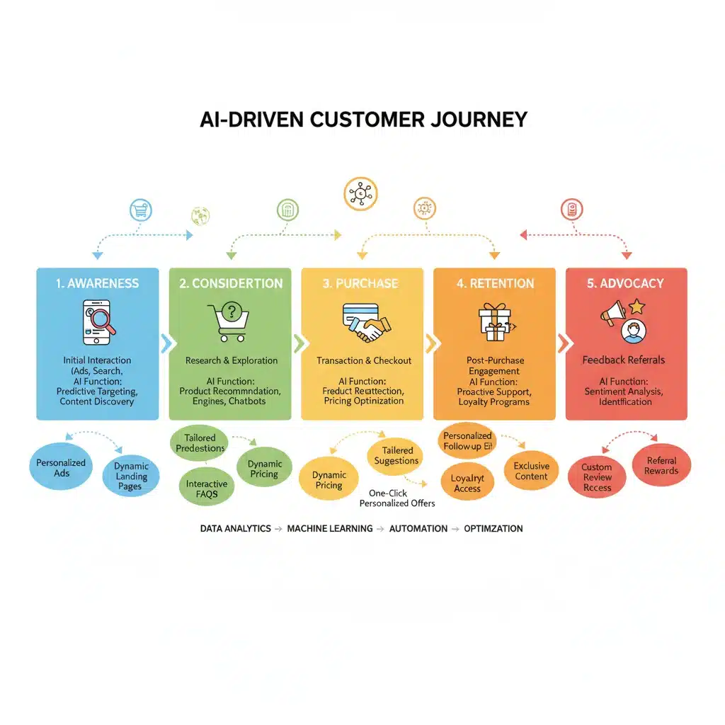 Infographic showing AI-driven personalized customer journey touchpoints and data flow.