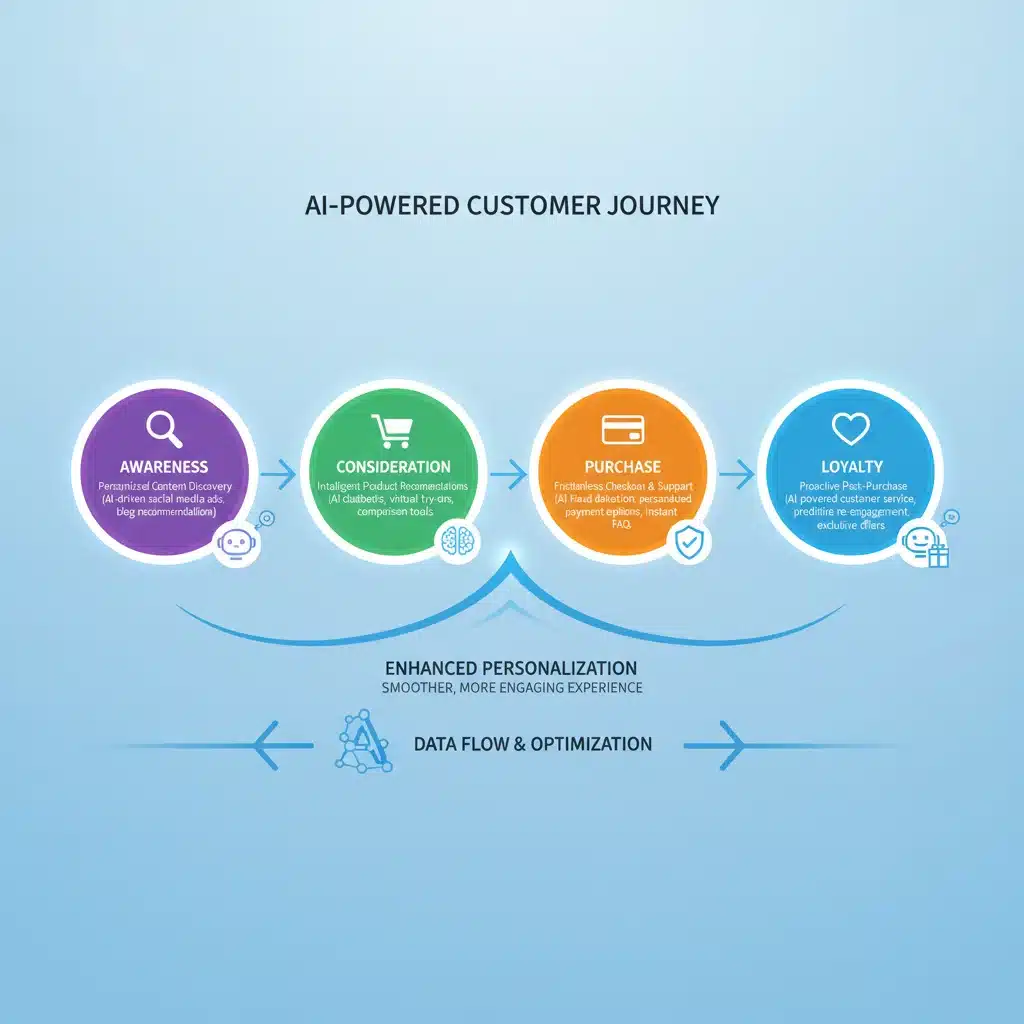 Infographic showing AI's role in personalizing the e-commerce customer journey from awareness to loyalty.