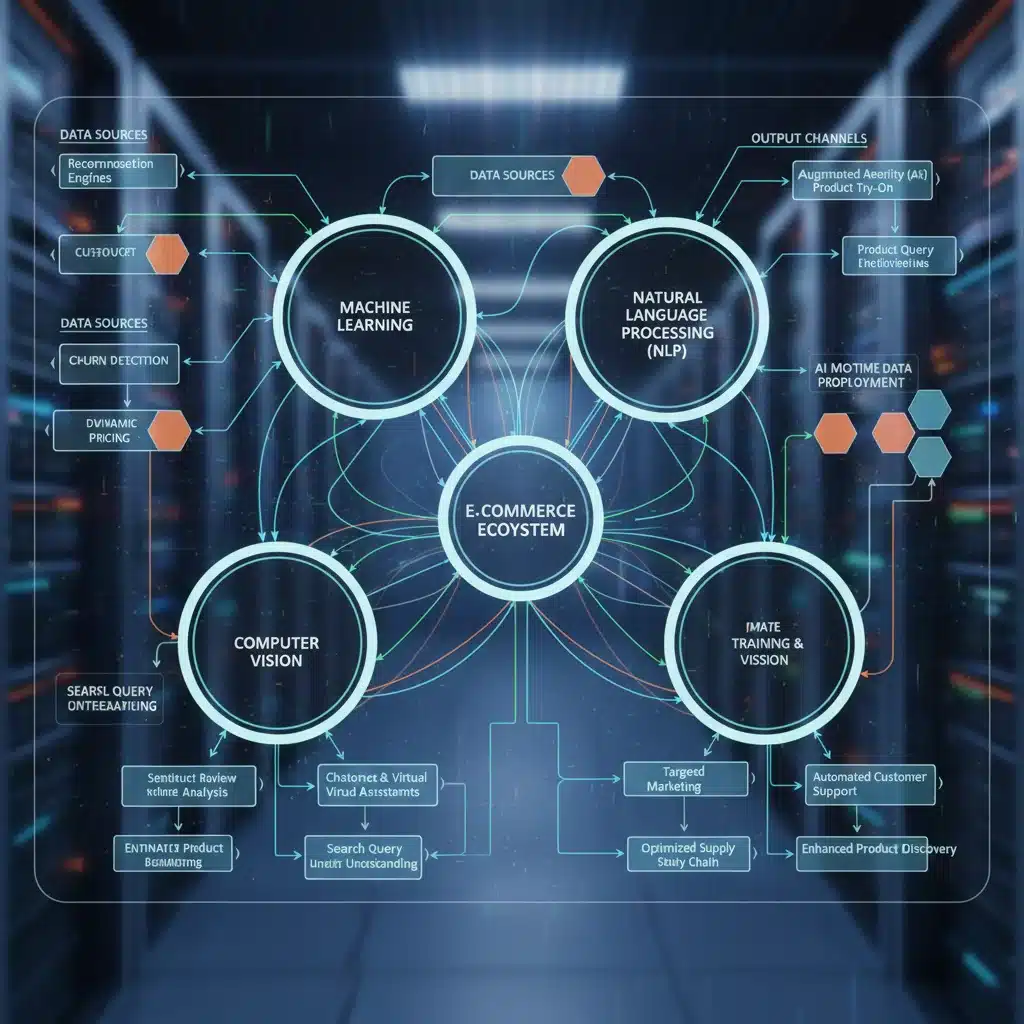 Diagram of interconnected AI technologies like machine learning and NLP within an e-commerce system for enhanced personalization.