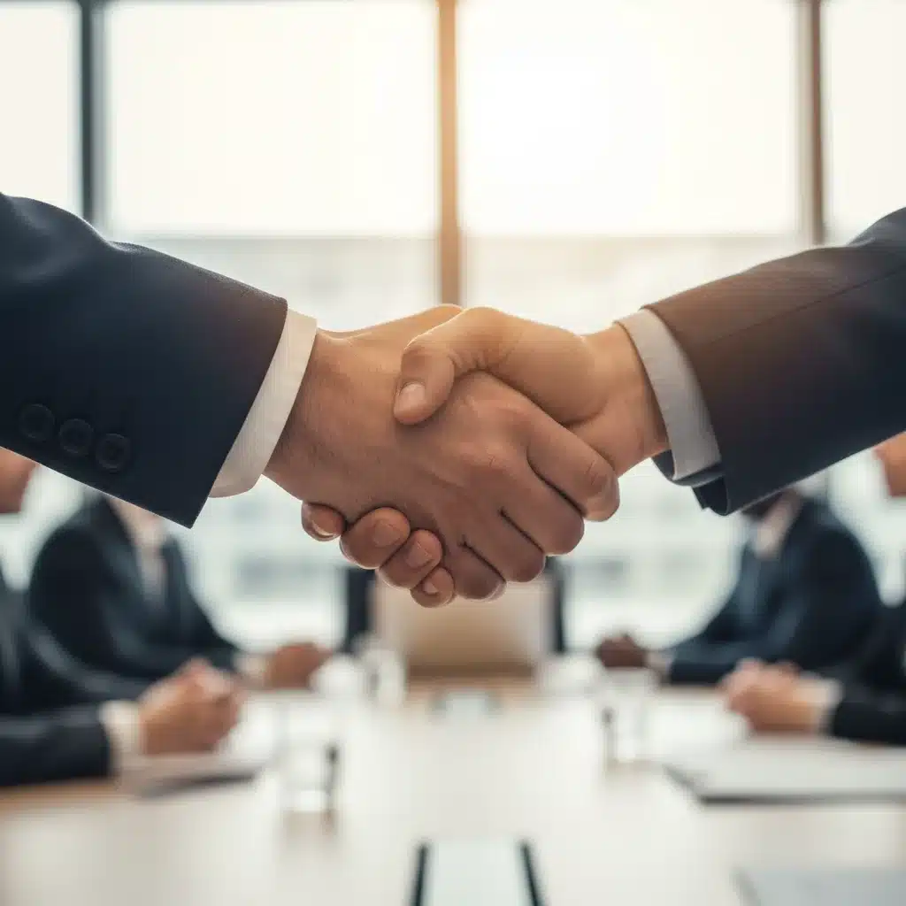 Two hands shaking firmly, symbolizing trust and strong client relationships in business.