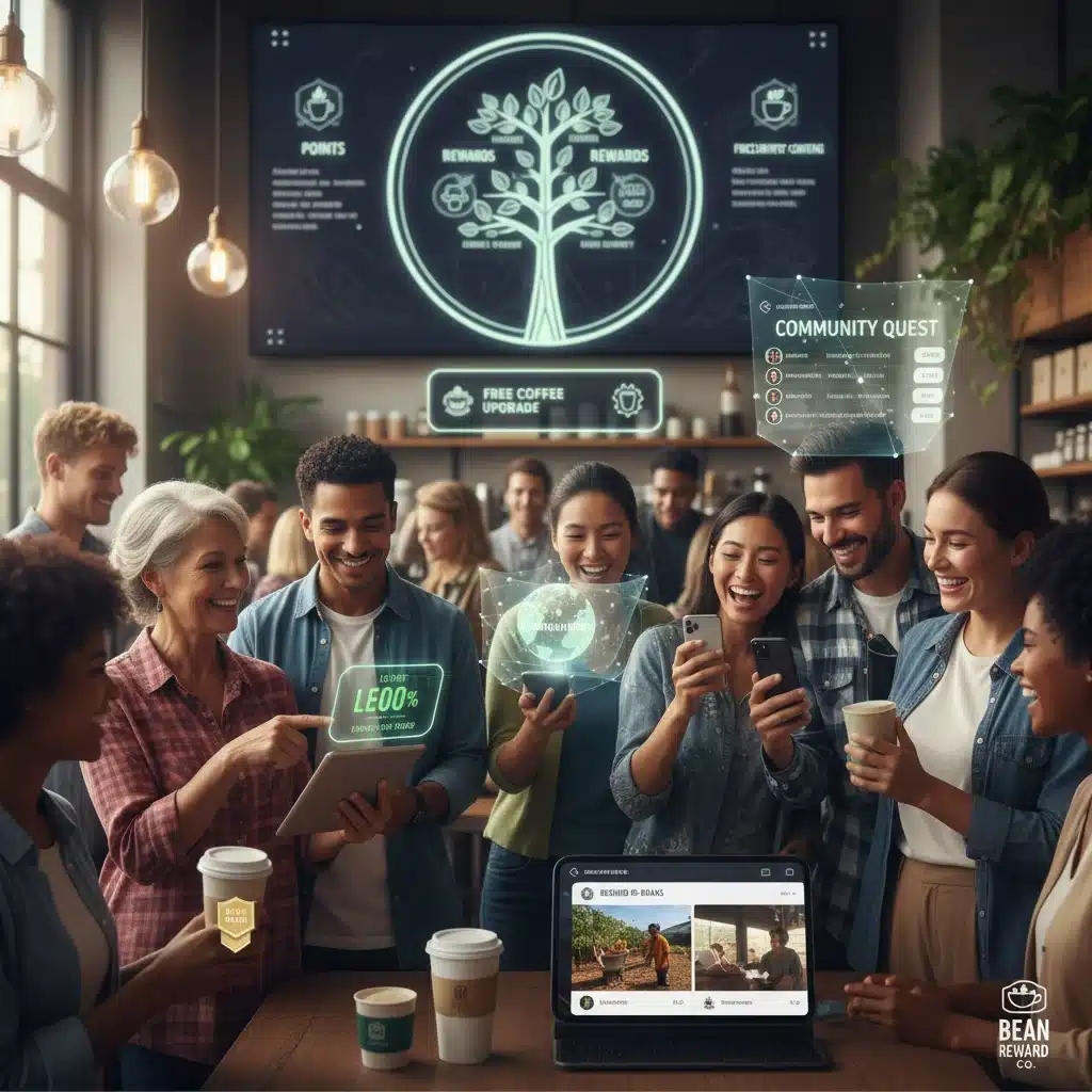 Diverse customers engaging with a brand loyalty program