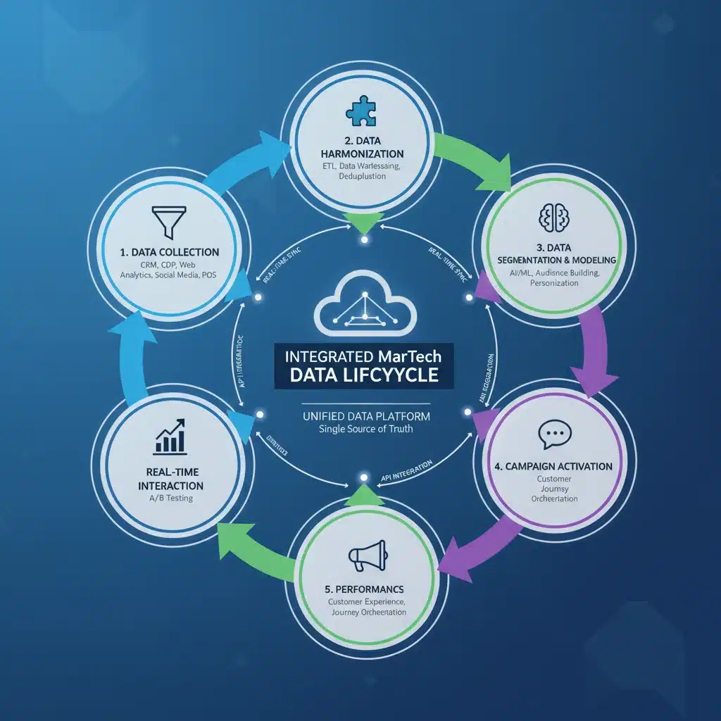 Data flow lifecycle within an integrated MarTech stack infographic