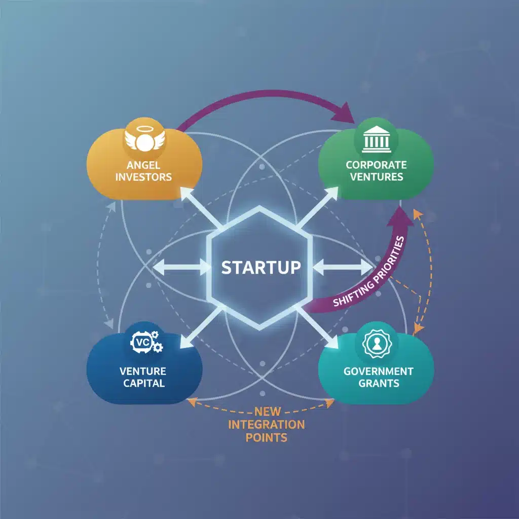 Infographic illustrating diverse and interconnected startup funding sources and evolving investment priorities