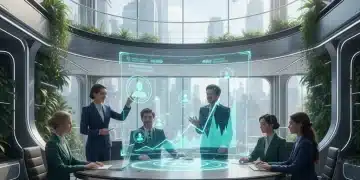 Professionals collaborating around a holographic display, symbolizing future sales and client relationship growth.
