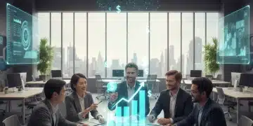 2026 Startup Funding: Key Changes & Entrepreneurial Strategies Entrepreneurs analyzing future startup funding trends on a holographic display in a modern office