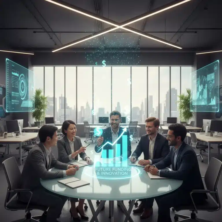 Entrepreneurs analyzing future startup funding trends on a holographic display in a modern office