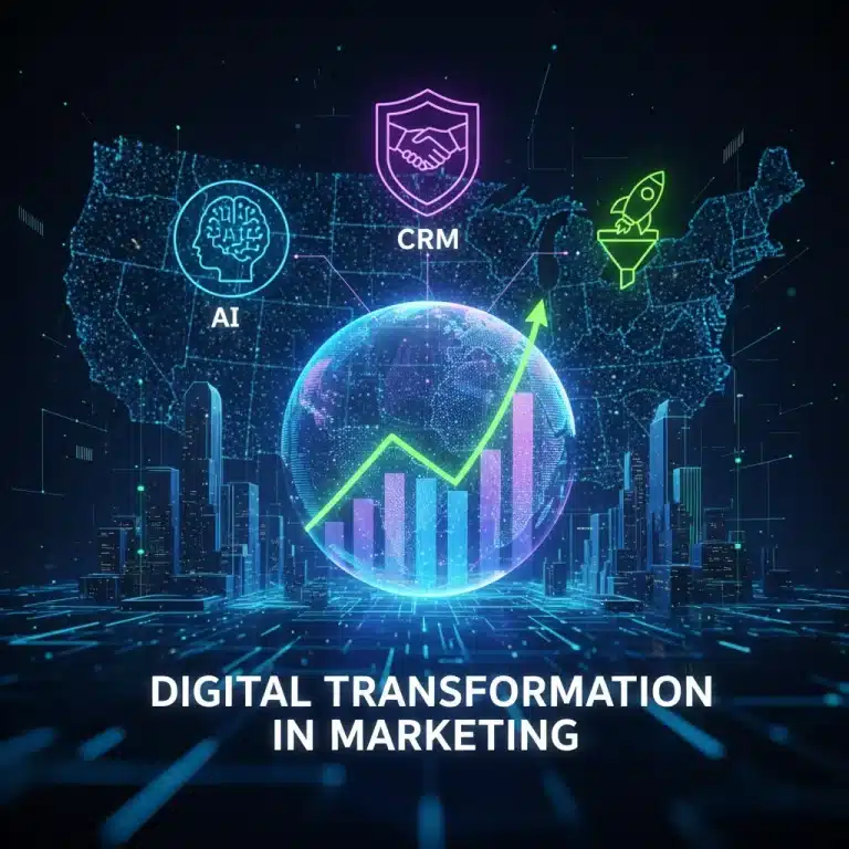 Futuristic digital marketing automation trends with AI and data analytics, US map in background, symbolizing growth and innovation.