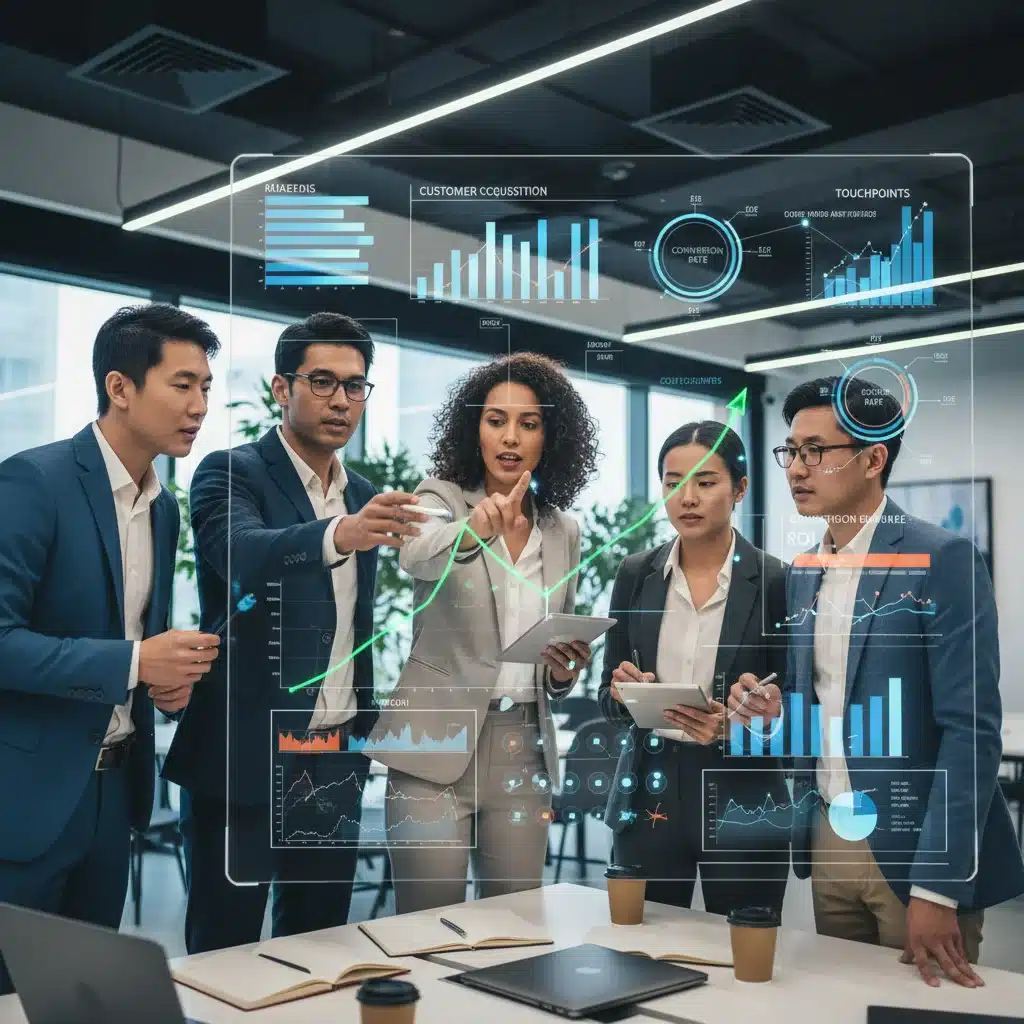 Marketing team analyzing real-time data on an interactive screen, collaborating on customer journey maps and marketing strategies.