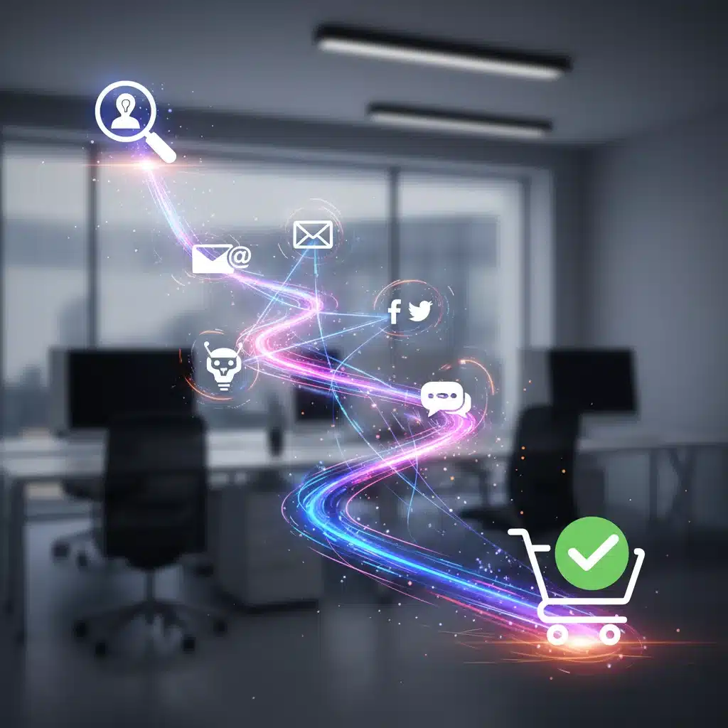 Abstract visual of an optimized customer journey, showing personalized touchpoints from lead generation to conversion.