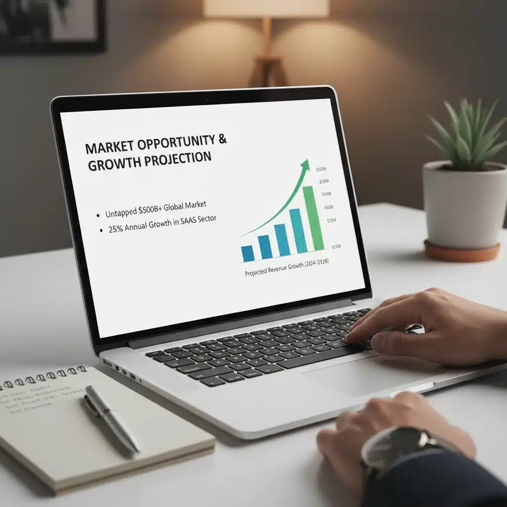 Well-designed pitch deck on a laptop screen, ready for investor presentation