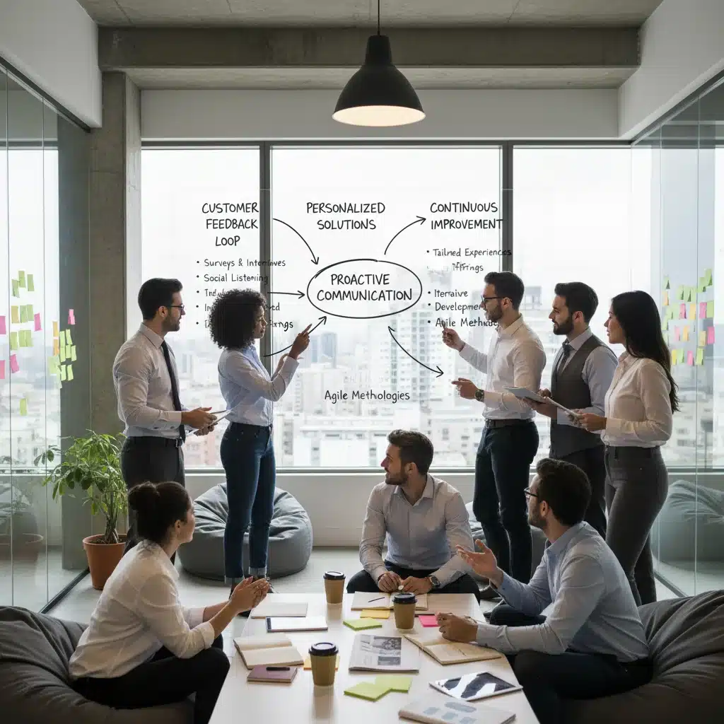 Business professionals brainstorming customer feedback and personalized solutions in a workshop.