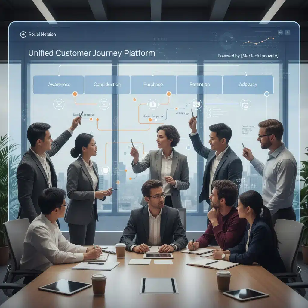 Marketing team collaborating on unified customer journey with integrated MarTech