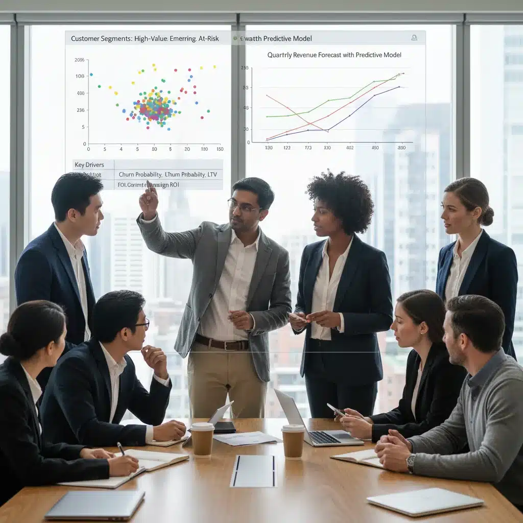 Cross-functional team collaborating on predictive analytics insights for conversion